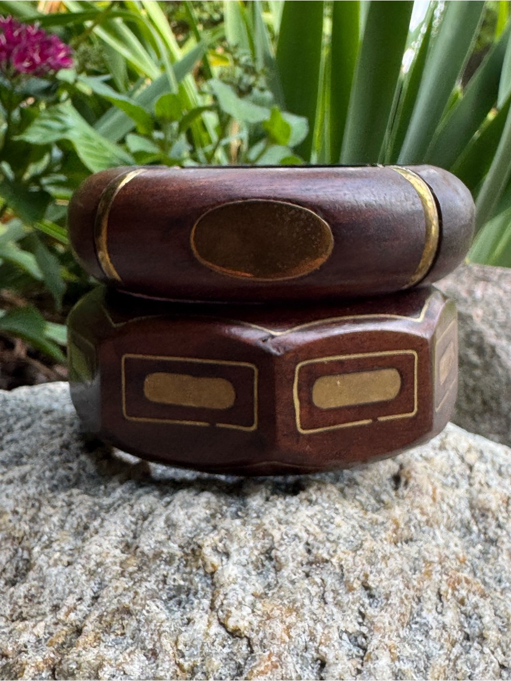 Vintage Brown Wooden Bangle Bracelet with Gold tone Inlay